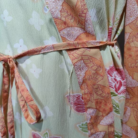 Cabernet Woman Plus Sz 1X Floral Kimono Robe Orange Green Butterfly Art To Wear - Picture 10 of 11